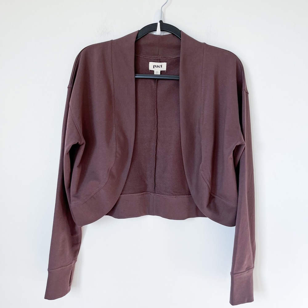 Pact Organic Cotton Open Front Cropped Cardigan Brown‎ Womens Medium Large *FLAW